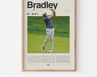 May include: A digital download poster featuring a photo of professional golfer Keegan Bradley in action. The poster has a minimalist design with a white background and a black and white text overlay. The text includes "Bradley", "PGA Championship Winner", and "Professional Since 2008".