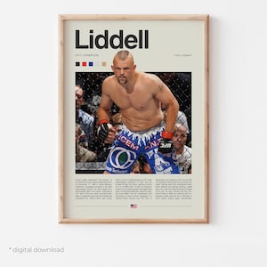 Puede incluir: Un póster enmarcado con Chuck Liddell, un campeón de la UFC, en posición de combate. El póster incluye el texto "Liddell" y "UFC CHAMPION", con una foto de Liddell en el centro, vistiendo pantalones cortos azules y guantes negros.