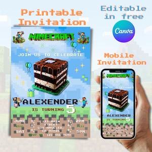 Festa de Aniversário do Minecraft Convite de Aniversário do Minecraft Editável Convite de Aniversário Gamer para Meninos Tema Pixel Digital Canva Download