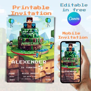 Convite de aniversário para festa de aniversário do Minecraft editável para meninos com tema Pixel Digital Canva para download