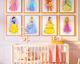 Princess Set of 12 Watercolor Wall Art, Princess Poster, Nursery Princess Poster, Princess Wall Decor, Girls Room Decors, (Digital Download)