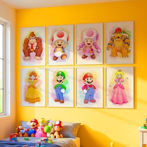 Set of 13 Super Mario & Friends Watercolor Poster Set, Super Mario Wall Art, Nintendo Wall Art Decor, Instant Download, Playroom Decoration