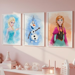 Lot de 3 oeuvres d'art murales La Reine des neiges, art mural Disney, ensemble d'affiches La Reine des neiges, décoration de chambre de filles, gravures de chambre d'enfant, décoration de chambre d'enfants, princesse Elsa, Olaf et Anna