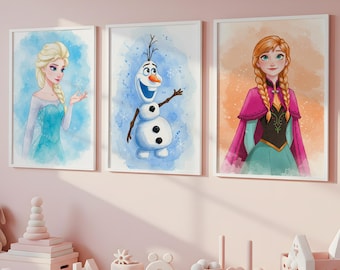 Juego de 3 láminas de acuarela de Frozen para pared: Elsa, Anna y Olaf (descarga digital)