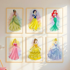 Juego de 12 acuarelas de princesas para pared, póster de princesas, póster de princesas para guardería, decoración de pared de princesas, decoración de habitaciones de niñas, descarga digital
