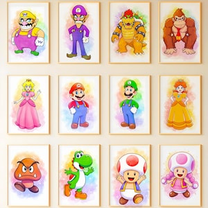 Conjunto de 13 pósteres de acuarela de Super Mario y sus amigos, arte mural de Super Mario, decoración de pared de Nintendo, descarga instantánea, decoración de sala de juegos