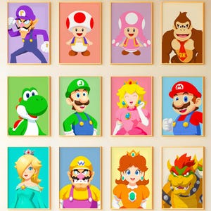 Juego de 13 pósteres con ilustraciones de Super Mario y sus amigos, arte de pared de Super Mario, decoración de pared de Nintendo, descarga instantánea, decoración de sala de juegos