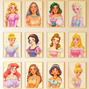 Lot de 16 oeuvres d&#39;art murales princesse, pastel, oeuvre d&#39;art murale en toile, affiche de princesse pour chambre d&#39;enfant, décoration murale princesse, décorations de chambre de filles, téléchargement numérique