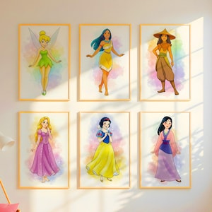 Lot de 19 art mural aquarelle princesse, affiche de princesse, affiche de princesse de chambre d&#39;enfant, décoration murale de princesse, décorations de chambre de filles, téléchargement numérique