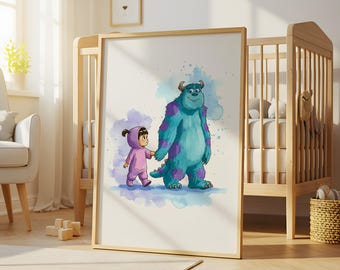 Sulley and Boo Watercolor Wall Art, canvas Wall Art, Monster Inc Print, Nursery Kids Room Decor Prints, Digital Print,Disney Poster wall art