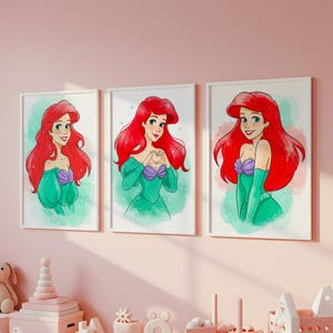 Set of 3 Ariel Watercolor Wall Art Set, Princess Poster, Nursery Princess Poster, Princess Wall Decor, Girls Room Decors, Digital Download
