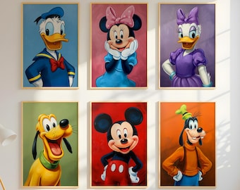 Puede incluir: Conjunto de seis impresiones enmarcadas con varios personajes de Disney. Las impresiones son de estilo de dibujos animados y presentan a Mickey Mouse, Minnie Mouse, Donald Duck, Daisy Duck, Goofy y Pluto. Las impresiones son todas de diferentes colores y tienen un fondo blanco.