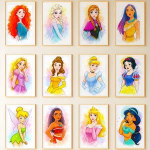 Lot de 19 art mural aquarelle, affiche de princesse, affiche de princesse pour chambre d&#39;enfant, décoration murale princesse, décorations de chambre de filles, téléchargement numérique