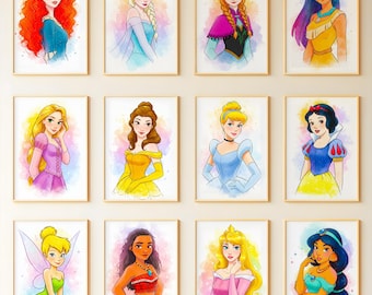 Set de 19 acuarelas de princesas para pared, póster de princesas, póster de princesas para guardería, decoración de pared de princesas, decoración de habitaciones de niñas (descarga digital)