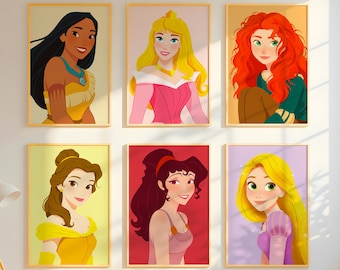 May include: Set of 6 framed prints featuring Disney princesses. Each print features a different princess with a colorful background. The princesses include Pocahontas, Aurora, Merida, Rapunzel, Cinderella, and Ariel.