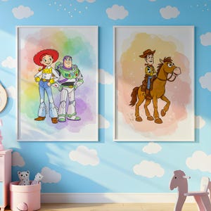 Toy Story set van 2 muurkunst aquarel poster, Woody, Buzz, Jessie, Bullseye, kinderkamer muurkunst, canvas kunst aan de muur, kinderkamer muur decor prints