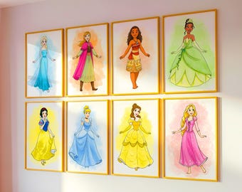 Set of 12 Princess Wall Art Prints, Girls Room Decor, Watercolor Princess Posters