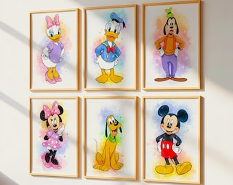 Set of 6 Mickey Mouse & Friends Watercolor Set, Boy Bedroom Wall Art, Girls Bedrooms Decor, Kids Prints, Digital Download