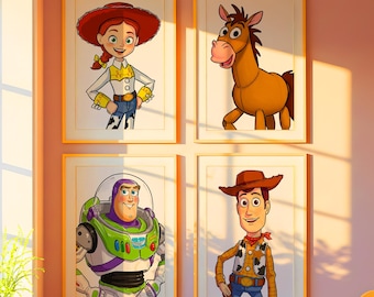 Conjunto de 4 láminas decorativas de pared inspiradas en juguetes: Decoración para habitación infantil (Descarga digital)