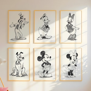 Set of 6 Mickey Mouse & Friends Line Art Wall Art, Disney Wall Art, Boy Bedroom Decor, Girls Bedrooms Decor, Kids Prints, Digital Download