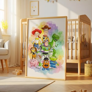 Toy Story Wand Kunst Aquarell Poster, druckbare Toy Story Wanddekoration, Spielzeug Geschichte Poster, Kinderzimmer Wandkunst, Kinderzimmer Wanddeko, Geburtstagsgeschenk