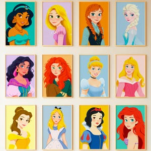 Lot de 16 oeuvres d&#39;art murales princesse, ensemble d&#39;affiches d&#39;illustration, oeuvre d&#39;art mural en toile, affiche de princesse pour chambre d&#39;enfant, décoration murale numérique princesse, décoration de chambre de filles