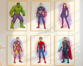 Superhero Print Set of 12 Watercolor: Nursery Wall Art, Kids Room Posters, Boys Room Decor (Digital Download)