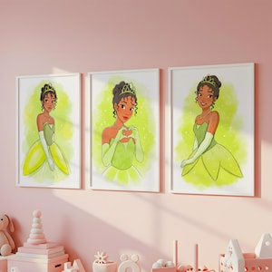Set of 3 Tiana Watercolor Wall Art Set, Princess Poster, Nursery Princess Poster, Princess Wall Decor, Girls Room Decors, Digital Download
