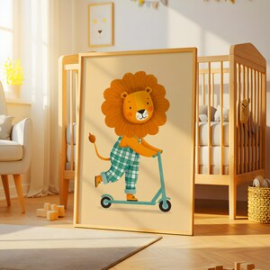 Impresión de arte de pared con un león en scooter, impresión ecléctica para pared de guardería, arte de pared para guardería, decoración de pared para habitación infantil, regalo de cumpleaños, descarga digital