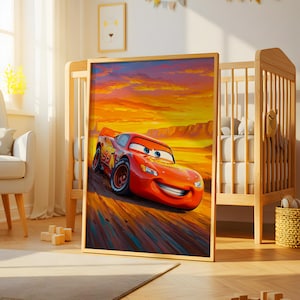 Lightning McQueen Oil Painting Wall Art, Cars Movie Poster, Nursery Wall Art, Kids Room Wall Decor, Digital Download, Cartoon Poster Gift