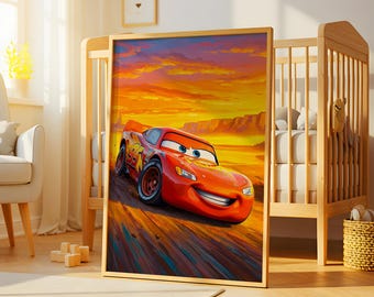 Lightning McQueen Oil Painting Wall Art, Cars Movie Poster, Nursery Wall Art, Kids Room Wall Decor, Digital Download, Cartoon Poster Gift