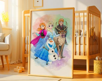 Póster de acuarela de Frozen, decoración de pared imprimible, póster de Frozen, decoración de pared para guardería, decoración de pared para habitación infantil, regalo de cumpleaños