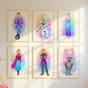 Set of 6 Frozen Watercolor Wall Art, Frozen Poster Set, Girls Room Decor, Nursery Prints, Kids Room decoration, Princess Elsa, Olaf, Anna