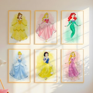 Lot de 12 oeuvres d&#39;art murales aquarelle, affiche de princesse, affiche de princesse pour chambre d&#39;enfant, décoration murale princesse, décorations de chambre de filles, téléchargement numérique