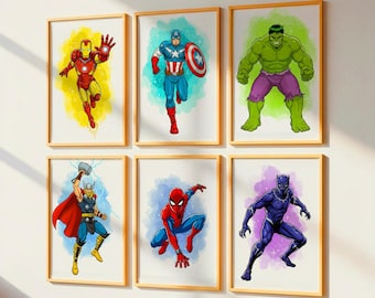 Superhero Watercolor Kids Prints: Set of 6 Boys Room Wall Art (Digital Download)