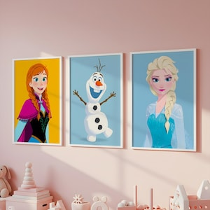 Set of 5 Frozen Illustration Wall Art, Frozen Poster Set, Girls Room Decor, Nursery Prints, Kids Room decoration, Princess Elsa, Olaf, Anna