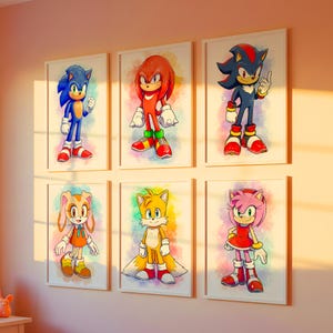 Juego de 6 acuarelas de Sonic the Hedgehog, póster imprimible, decoración infantil, impresión digital, superhéroe