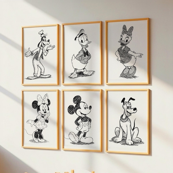 6er Set Mickey Mouse & Friends Line Art Wandkunst, Disney Wandkunst, Jungen Schlafzimmer Dekor, Mädchen Schlafzimmer Dekor Kinder Drucke, digitaler Download