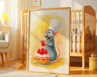 Quadro de parede em aquarela de Ratatouille, pôster de Ratatouille, arte de parede para cozinha de Ratatouille, arte de parede para quarto de bebê, decoração de parede para quarto infantil, presente de aniversário
