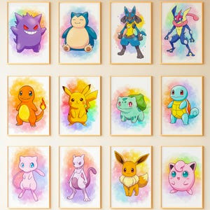 Pokémon Set von 16 Aquarell Wandkunst, druckbare Poster für Kinder & Gamer, Kinderzimmer Wandkunst, Kinderzimmer Wanddekoration, Spielzimmer Dekor Geschenk
