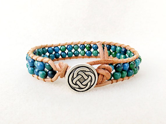 Leather Wrap Bracelet In Blue Green Australian Jasper Double - Womens Leather Wrap Bracelets Australia Leather Wrap Bracelet In Blue Green Australian Jasper Double - Womens Leather Wrap Bracelets Australia