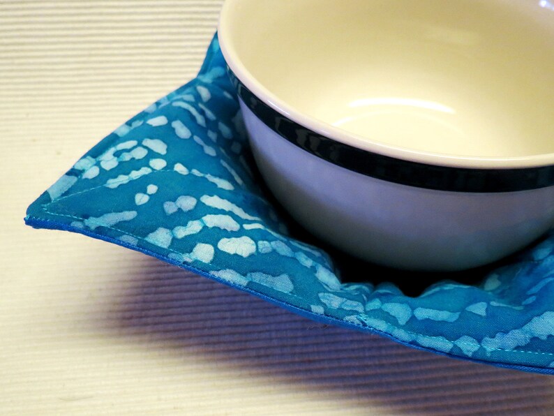 Teacher Gift Quilted Reversible Blue Coaster and Cozy Set Batik Bowl Cosy Microwave Bowl Cozy Hostess Gift 100 Percent Cotton