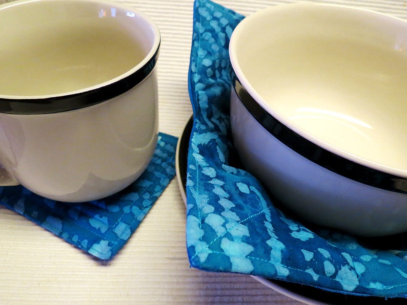 Teacher Gift Quilted Reversible Blue Coaster and Cozy Set Batik Bowl Cosy Microwave Bowl Cozy Hostess Gift 100 Percent Cotton