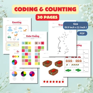Puede incluir: Un conjunto de 30 hojas de trabajo imprimibles para que los niños practiquen sus habilidades de codificación y conteo. Las hojas de trabajo presentan ilustraciones coloridas y actividades como trazado, codificación de colores y conteo de objetos. Las hojas de trabajo miden 8,5 pulgadas por 11 pulgadas y están en formato PDF.