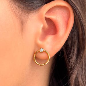 Twisted Rope Circle Earrings • 18K Gold Vermeil Minimalist Studs • Braided Open Circle Earrings with White CZ • Mothers Day Gift