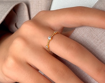 Gouden vermeilring met kralen • Stapelband met kleine balletjes • Minimalistische CZ Eternity-ring • 18K gouden sierlijke ring • Stapelbare sterlingzilveren ring