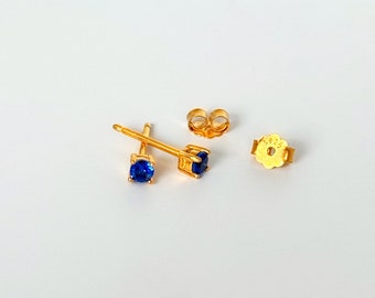 Blue Round CZ Stud Earrings • 18k Gold Vermeil • Push Back CZ Studs • Dainty Stud Earrings • Silver Sapphire Earrings