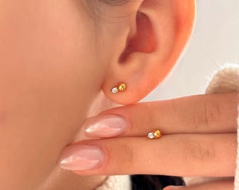 Gold Ball Stud Earrings with CZ • 18k Gold Vermeil Sphere Earrings • Dainty Sterling Silver Studs • Minimalist Everyday Earrings