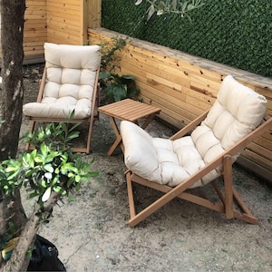 Premium Wooden Sun Lounger Set with Cushions & Side Table – Handmade Outdoor Furniture for Patio, Garden, and Poolside