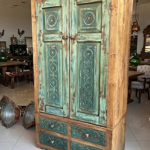 Medieval Rustic Wardrobe – Solid Chestnut Wood Armoire with Green Carved Doors (Farmhouse Style)